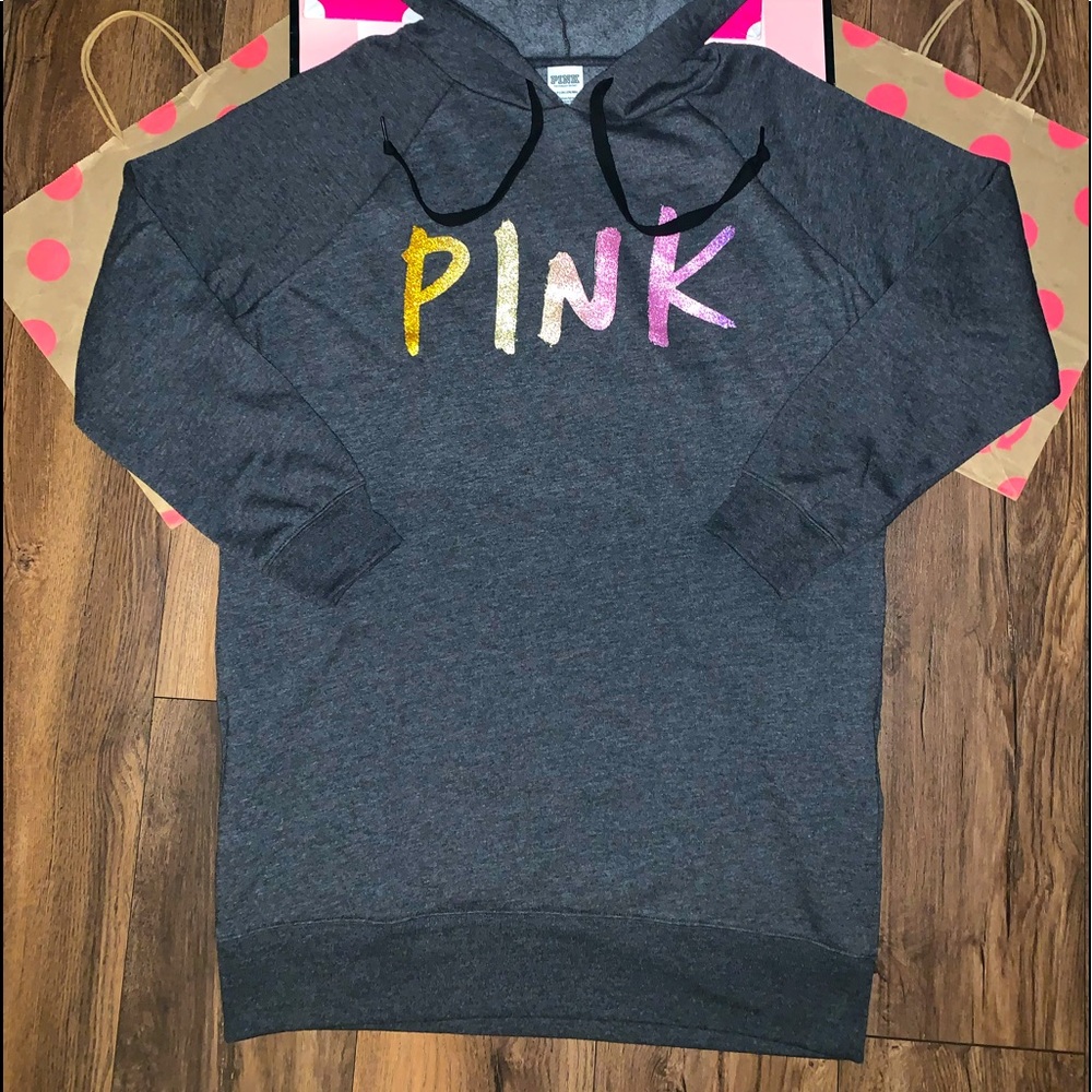 NEW VS PINK Size SMALL Charcoal Grey with Glitter Logo Hoodie Sweatshirt Dress.